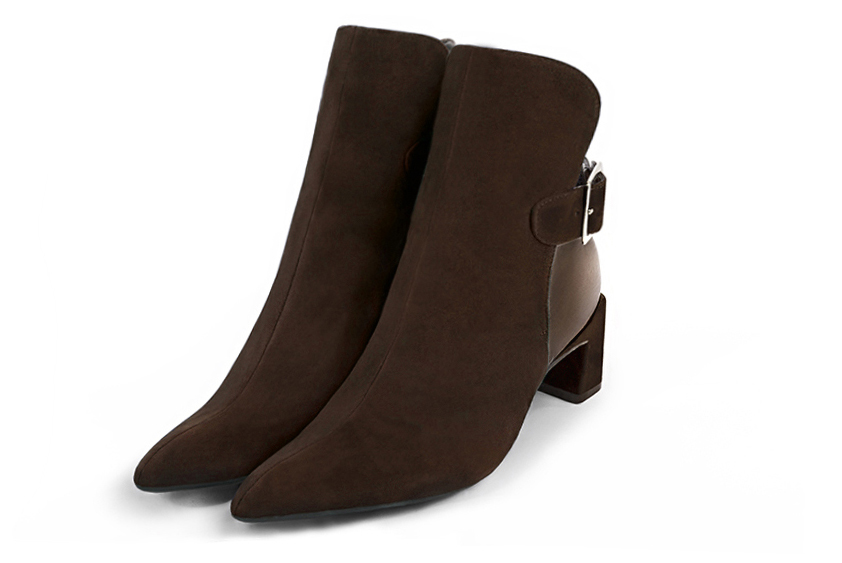 Dark brown and bronze gold women's ankle boots with buckles at the back. Tapered toe. Medium flare heels. Front view - Florence KOOIJMAN